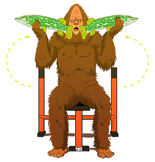 Step 2: Use your thighs to brace yourself as you hold the fish at shoulder-height, palms inward.